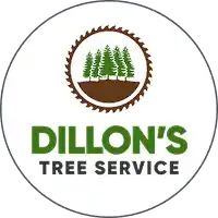 Dillon's Tree Service logo featuring pine trees inside a saw blade.