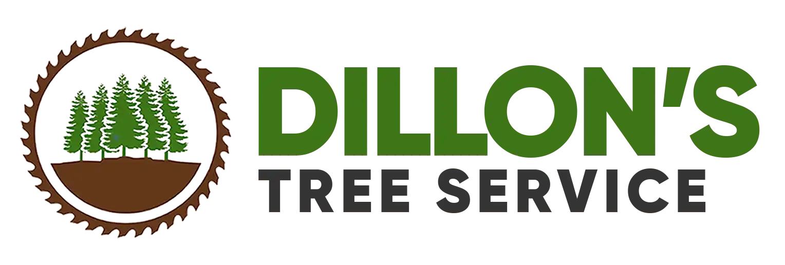 Dillon's Tree Service logo featuring pine trees inside a saw blade.