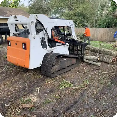 Skid steer with a grapple attachment moving large logs after tree removal.