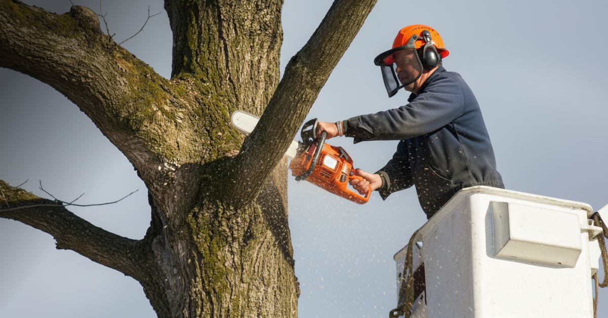 Arborist using a chainsaw to cut a large tree trunk while secured with safety gear and helmet during a professional tree removal.