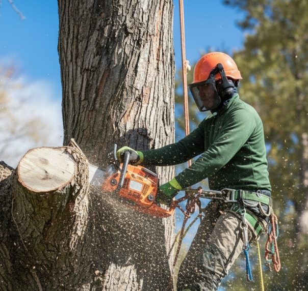 Arborist using a chainsaw to cut a tree branch, wearing safety helmet and harness.