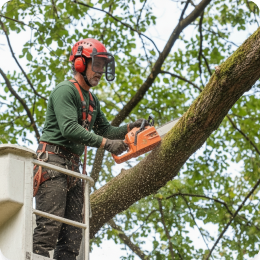 Tree service worker in an aerial lift removing tree branches near a house in Battle Creek, MI.