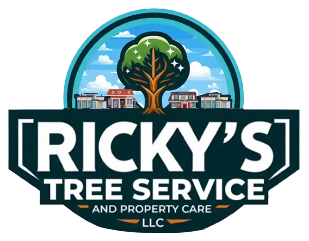 Ricky's Tree Service & Property Care logo featuring pine trees inside a saw blade.