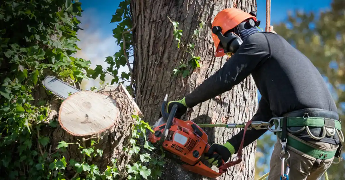 Arborist using a chainsaw to cut a large tree trunk while secured with safety gear and helmet during a professional tree removal.