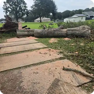 Aerial view of emergency tree removal with crane.