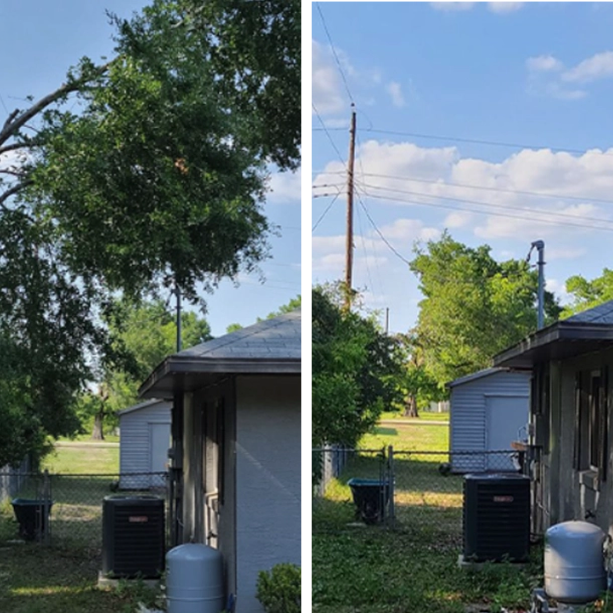 Before and After: An overgrown tree branch is trimmed away from power lines and a roof in a backyard in Metro Atlanta.