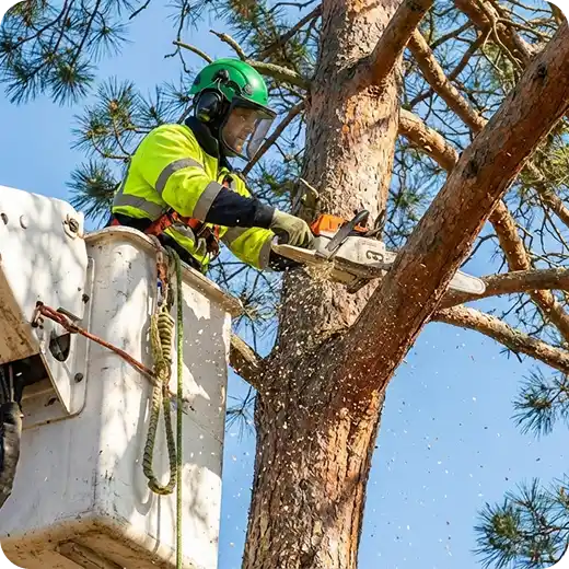 Professional tree service worker cutting high tree branches from a bucket truck using a chainsaw.