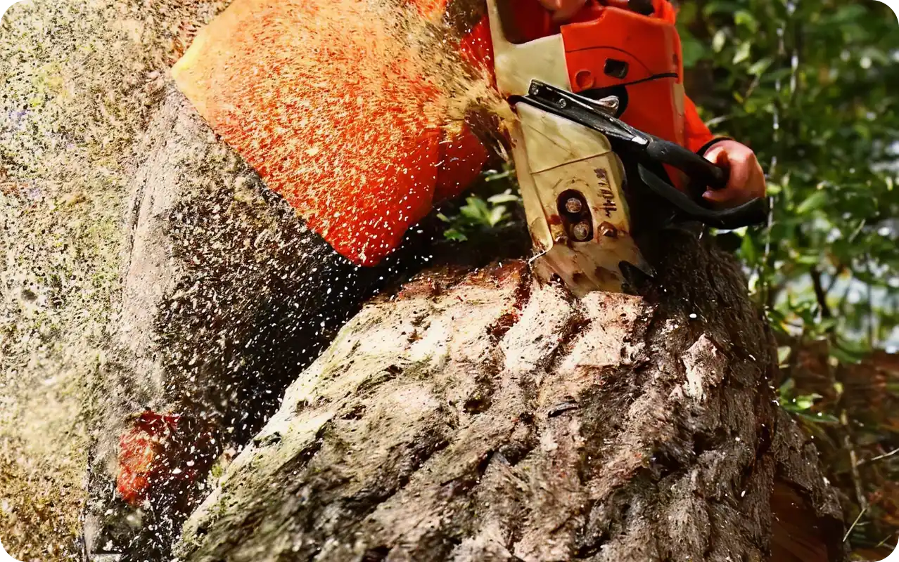 Professional using chainsaw to cut tree trunk