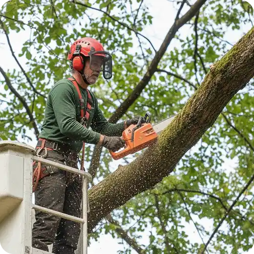An arborist wearing full safety gear, including a red helmet with a face shield and a harness, stands in a bucket lift while using a chainsaw to cut a thick tree branch.