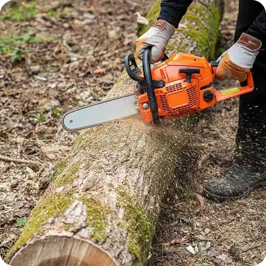 A close-up of a person wearing work gloves and boots using an orange chainsaw to cut through a large, moss-covered log lying on the ground.