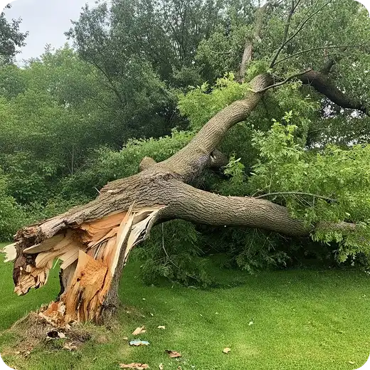 A large tree with green leaves has snapped near its base and fallen onto a manicured lawn.