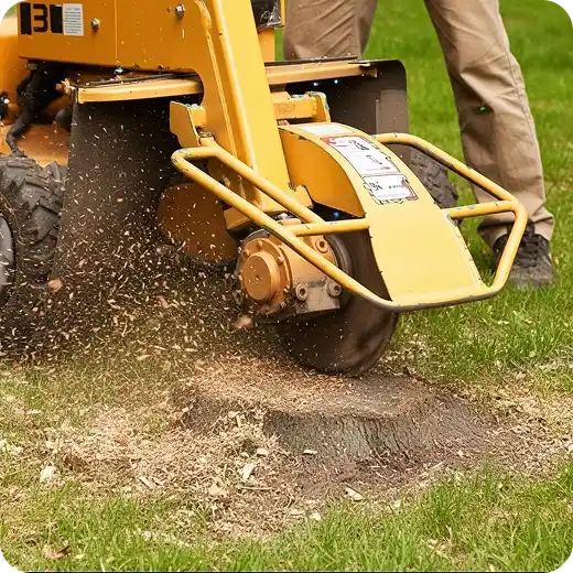 A close-up of a yellow stump grinder actively cutting into a tree stump on a green lawn.