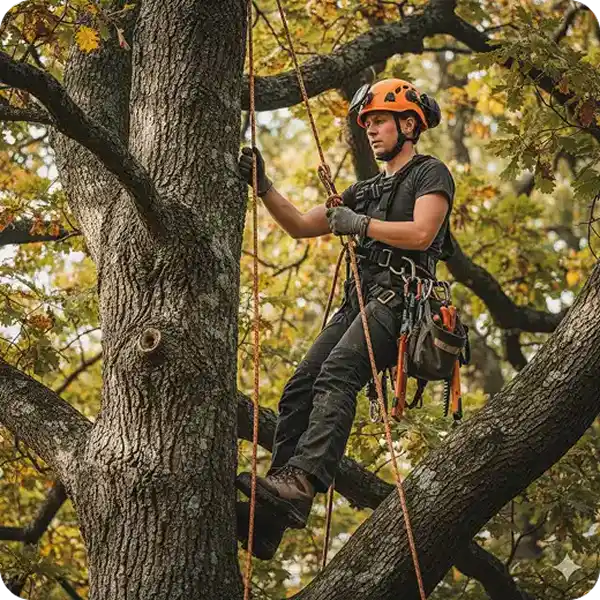 An experienced tree climber wearing an orange safety helmet and a professional climbing harness maneuvers through the canopy of a large oak tree; he is secured by high-visibility orange rigging ropes and carries essential arboriculture tools in a side pouch while inspecting the tree's health.