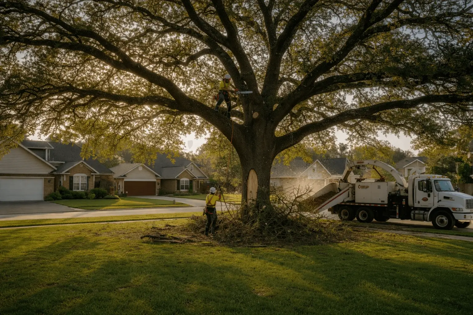 An arborist wearing safety gear works high up in a large, mature oak tree using a chainsaw, while a wood chipper truck is parked on the street in a quiet suburban neighborhood.