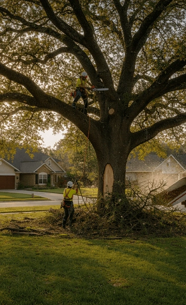 An arborist wearing safety gear works high up in a large, mature oak tree using a chainsaw, while a wood chipper truck is parked on the street in a quiet suburban neighborhood.